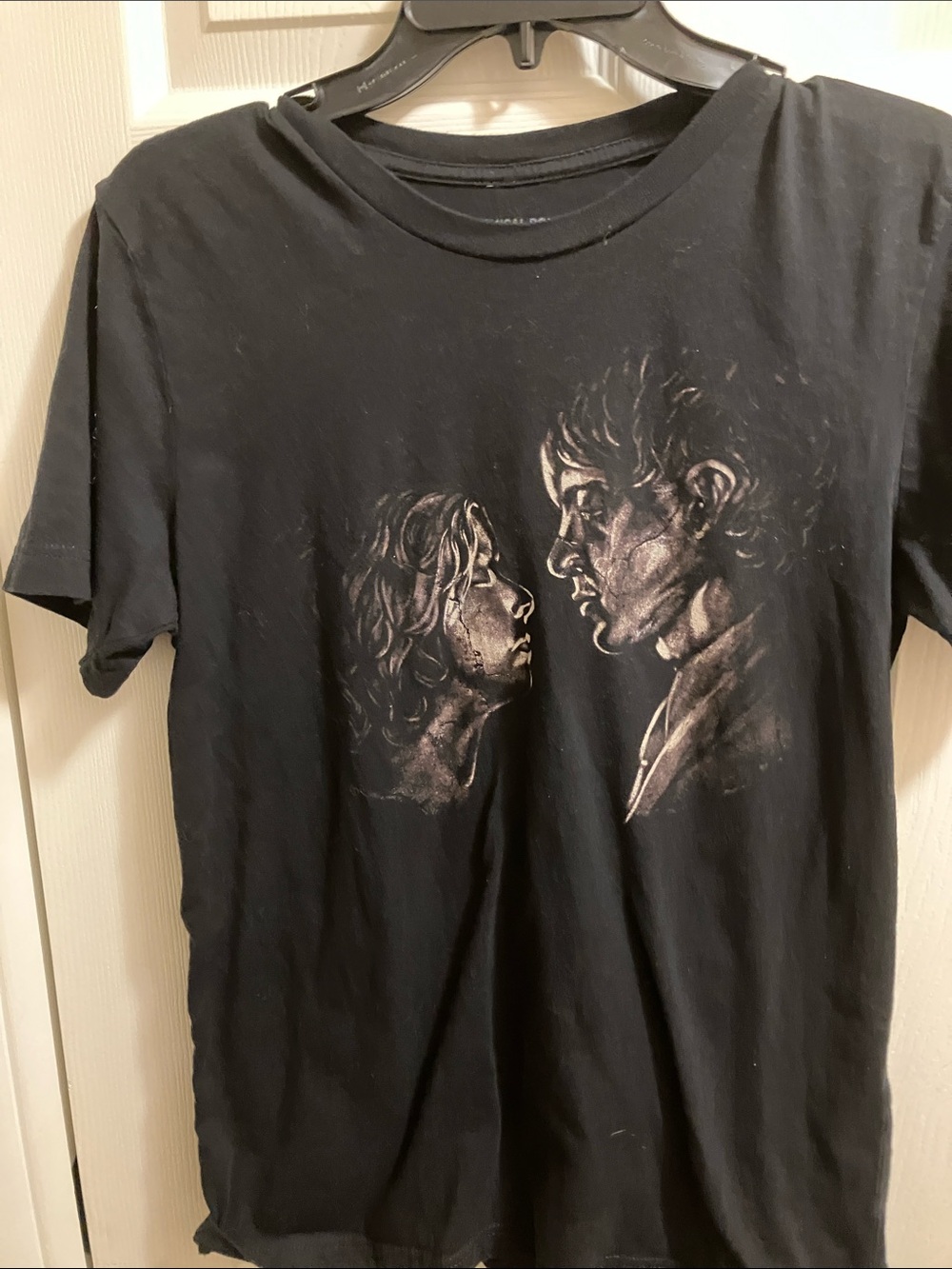 Black Short-Sleeve Graphic Tee with Portrait Artwork